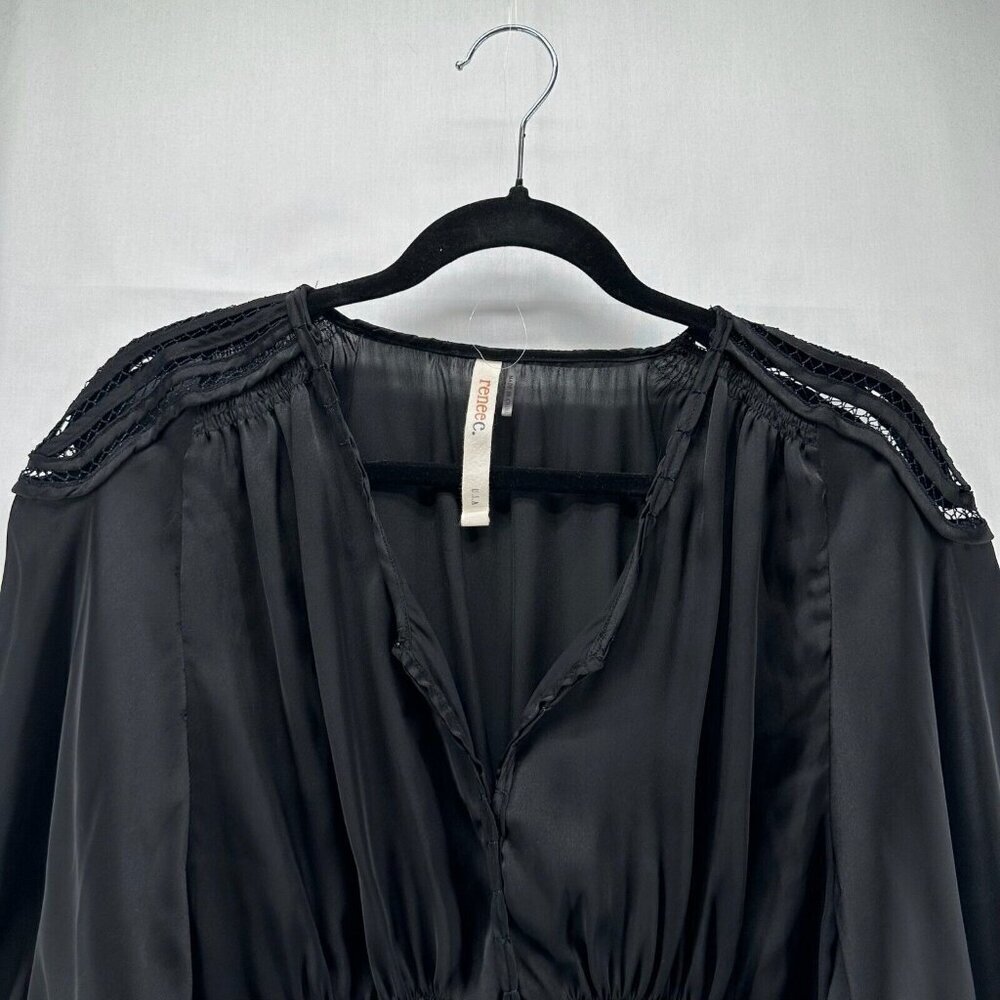 Renee C. Top Womens Size M Smocked Popover Blouse Lace Trim Balloon Sleeve Black - Picture 3 of 11